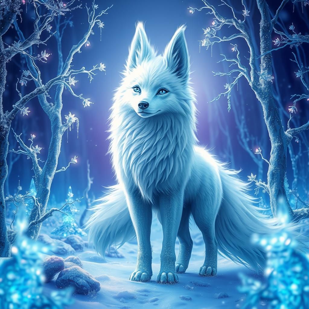 Mystical Frost Kitsune in Crystal Ice Forest