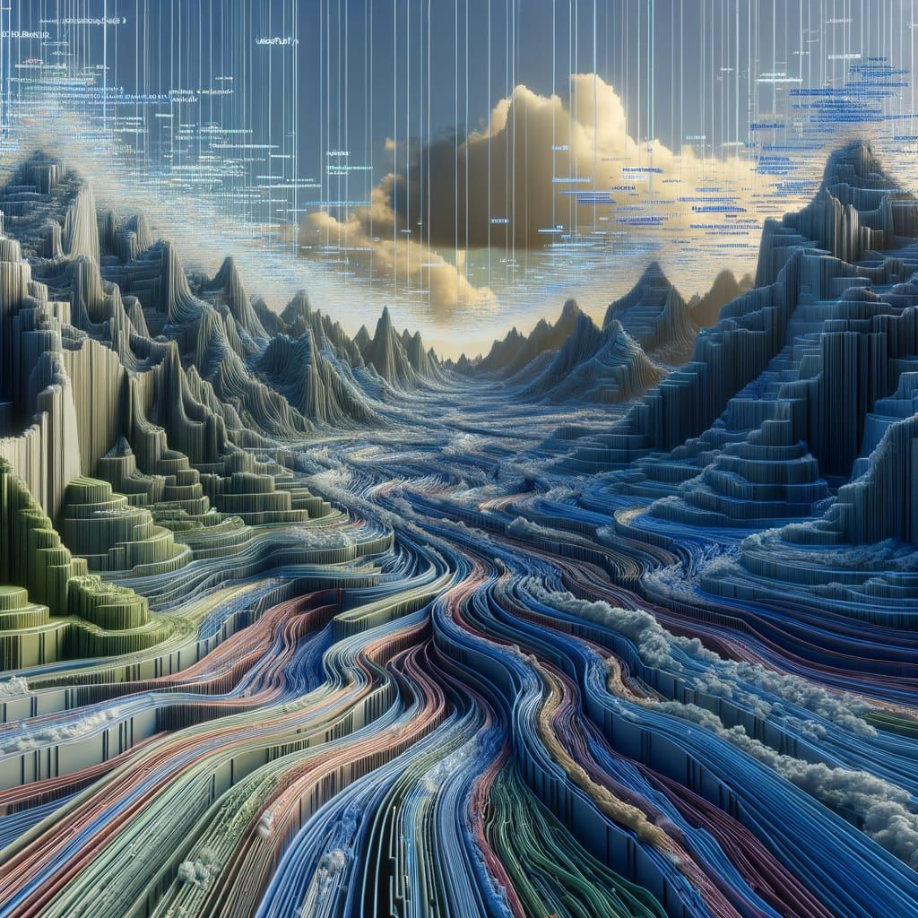 Surreal Data Landscape with Digital Mountains and Code River...