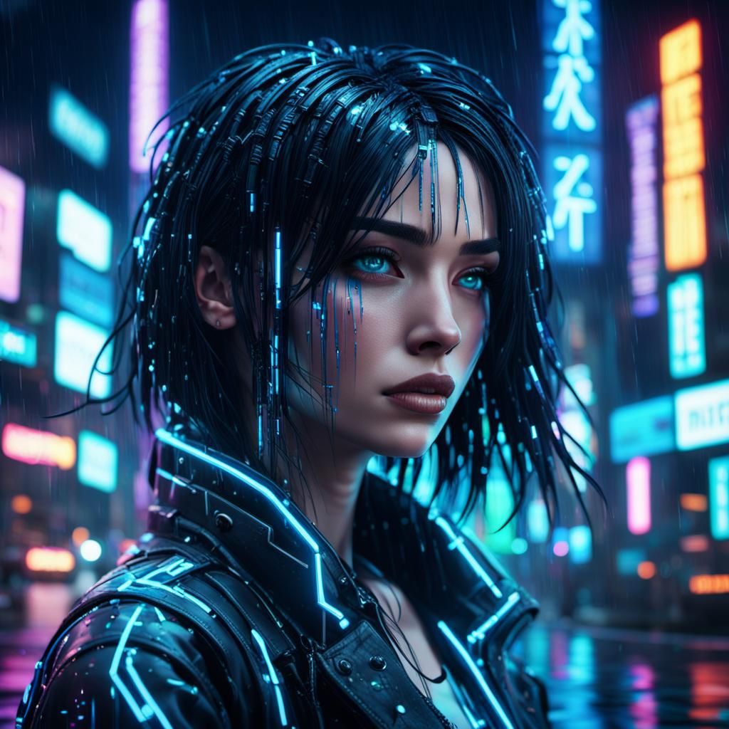 Cyberpunk Anime Goddess in Neon Noir Cityscape