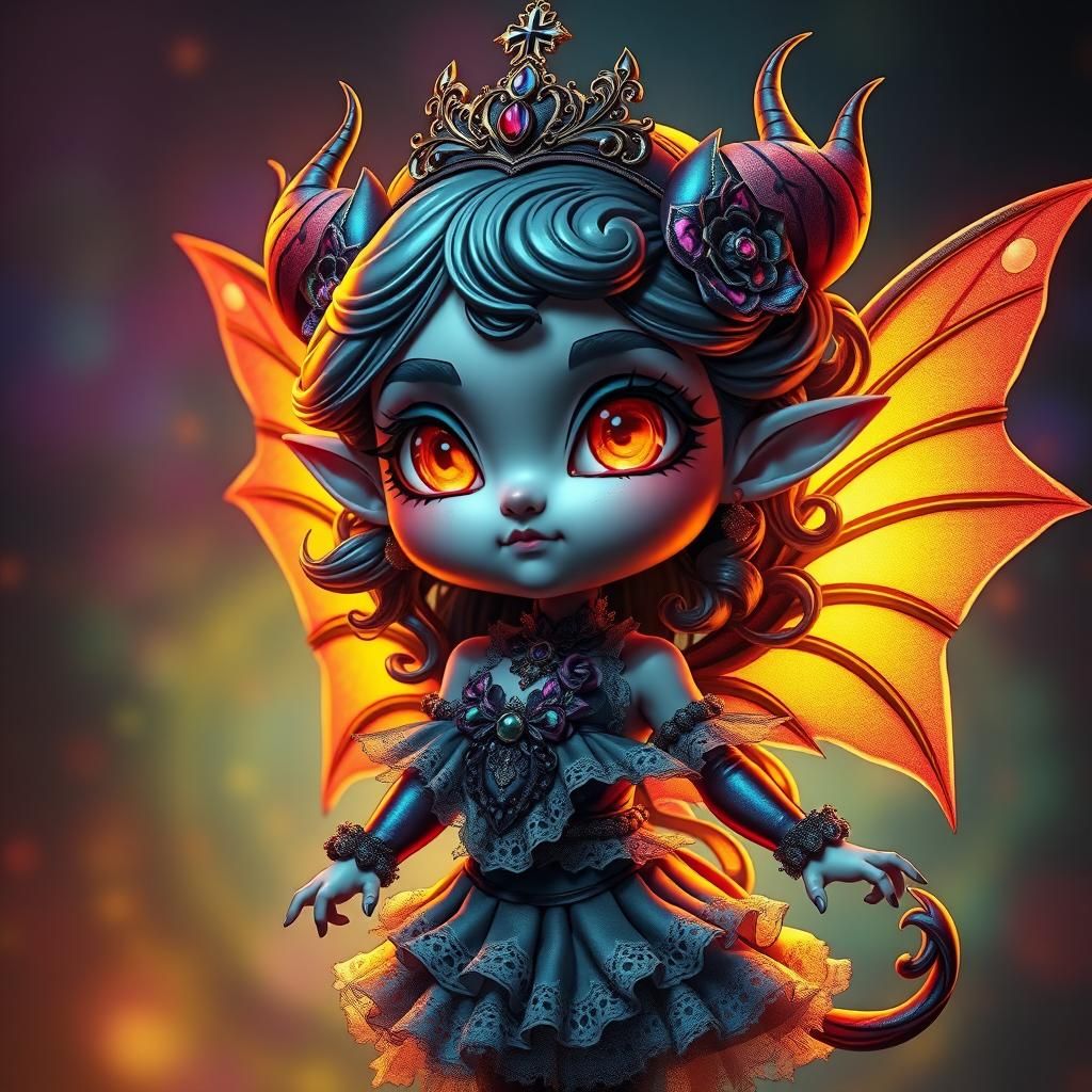 Detailed Chibi Demon Fairy in Art Nouveau Style
