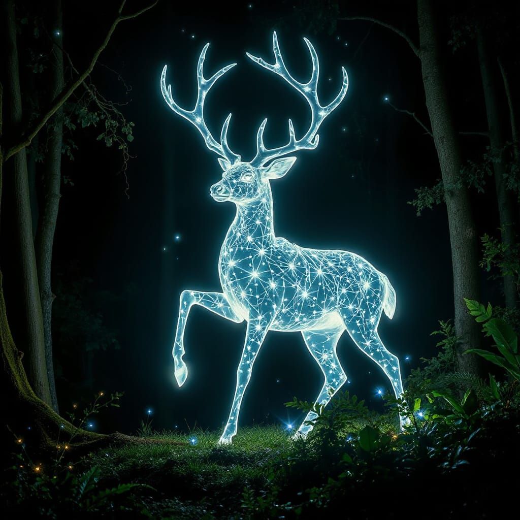 Starlight Deer in Dark Forest: A Magical Night Scene