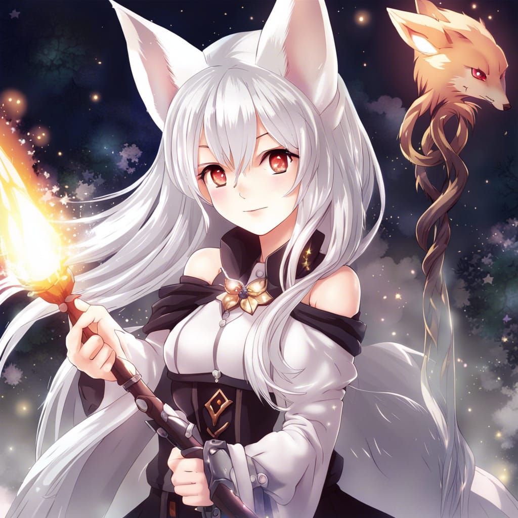 Fantasy Fox Witch with Glowing Wand in Anime Style