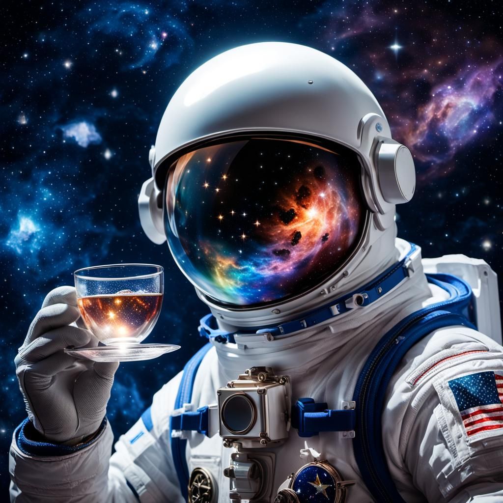 Astronaut's Cosmic Tea: Iridescent Galaxy in a Cup