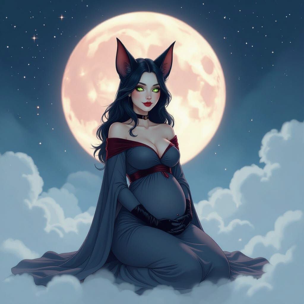 Bat-like Woman Kneeling Under Crimson Moon as Ink Sketch