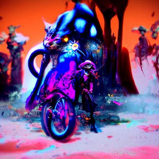 Mad hatter Cheshire cat riding harley Davidson motorcycles going to saturn on a monday morning mushrooms with plenty of ...