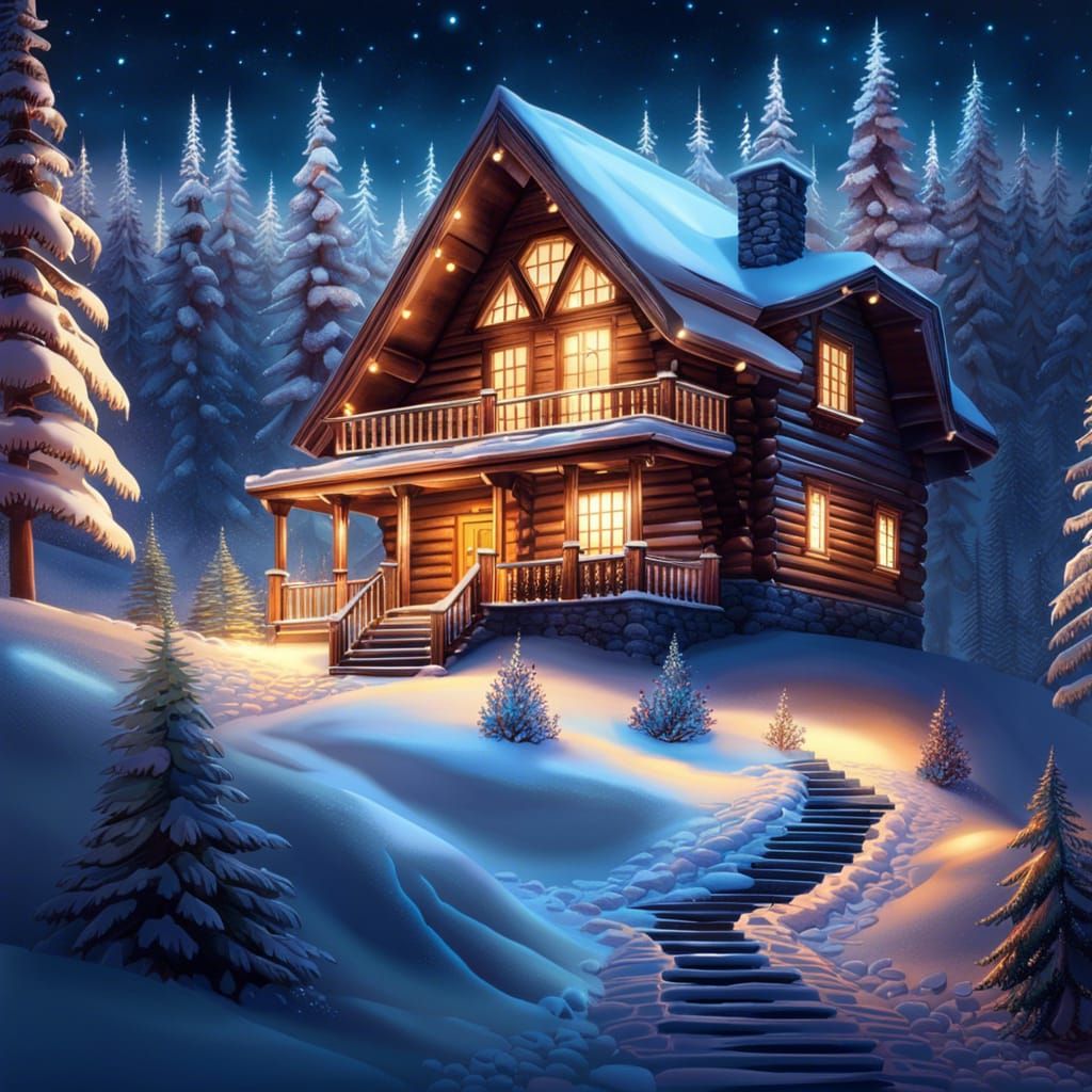 Cozy Winter Cabin in Snowy Forest Landscape