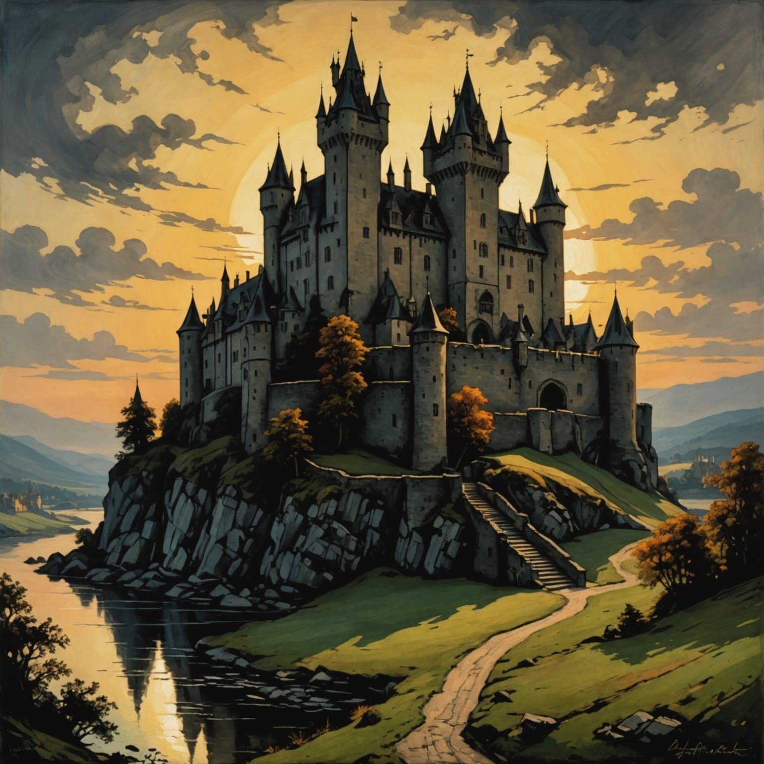 Medieval Castle Awakens in Vibrant Sunrise