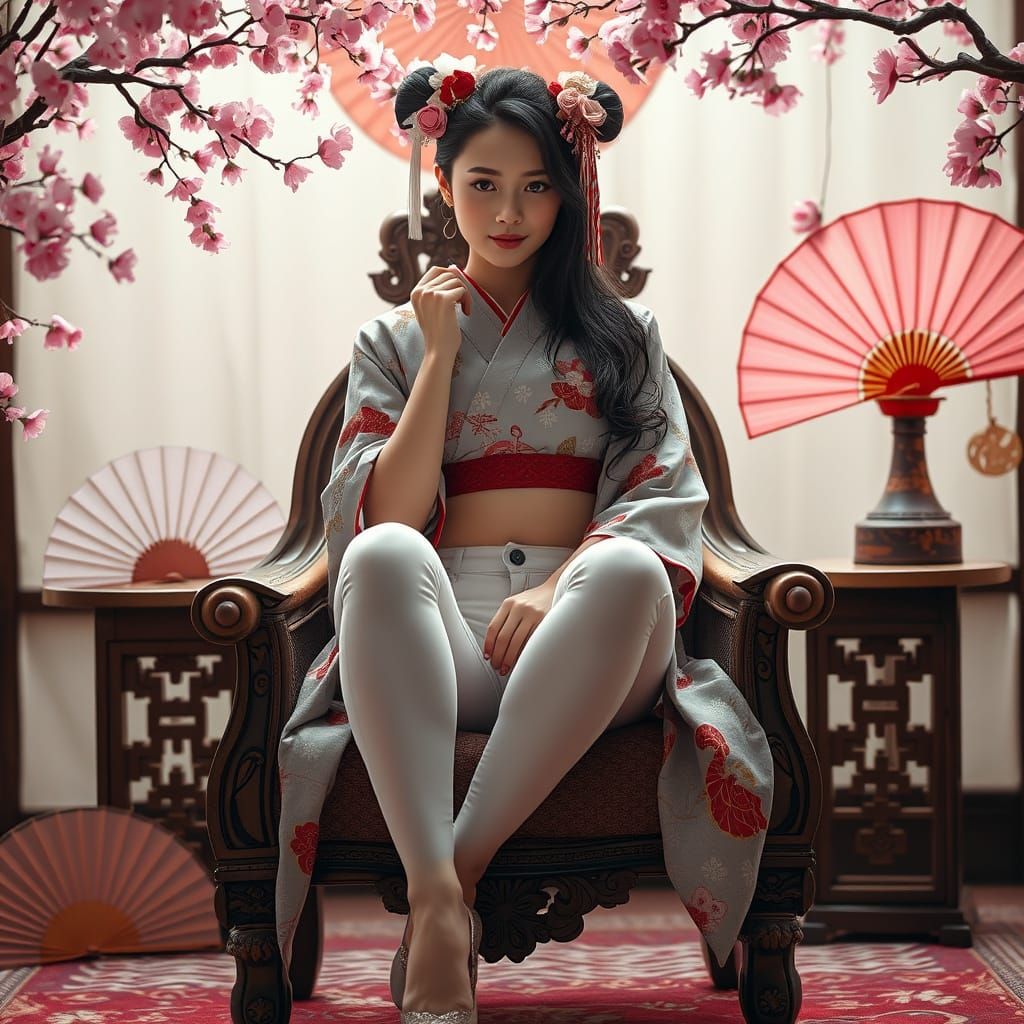 Geisha in White Jeans with Cherry Blossoms