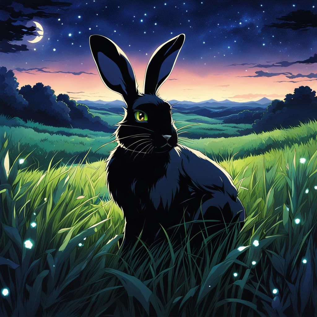 Black Rabbit Under Starry Sky in Anime Style