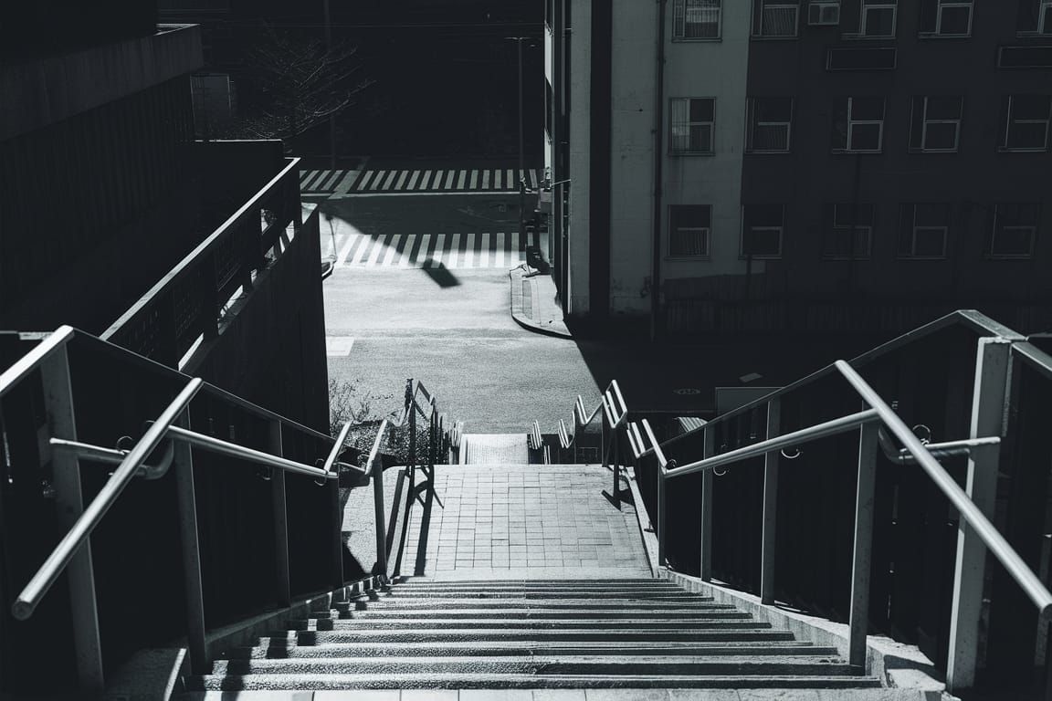 Serene Urban Staircase Scene in Monochromatic Tone