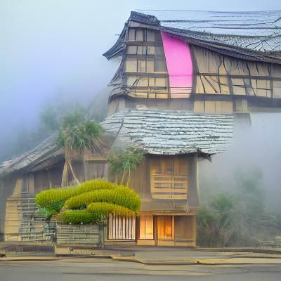 Pastel Japanese Building on Foggy Mountain