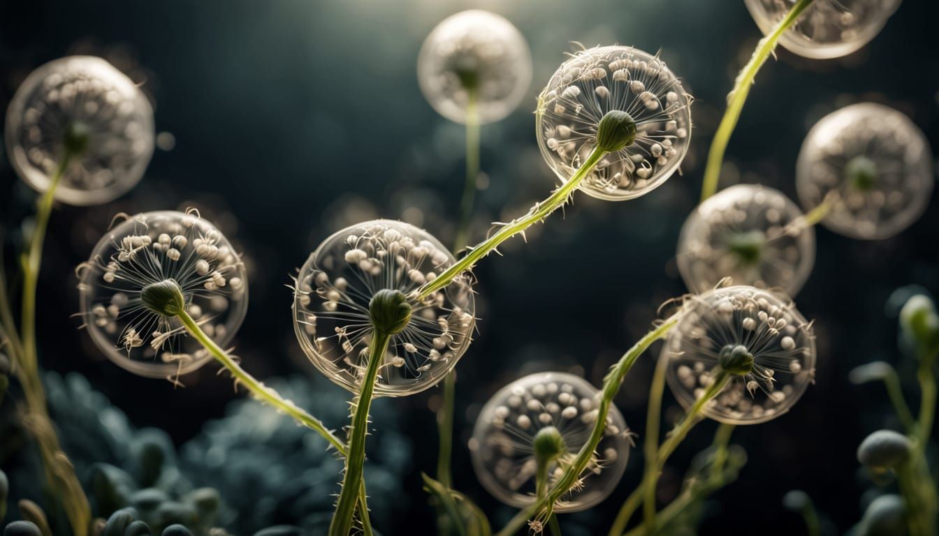 Surreal Seeds Burst with Glowing Tendrils in Hyper Realistic...