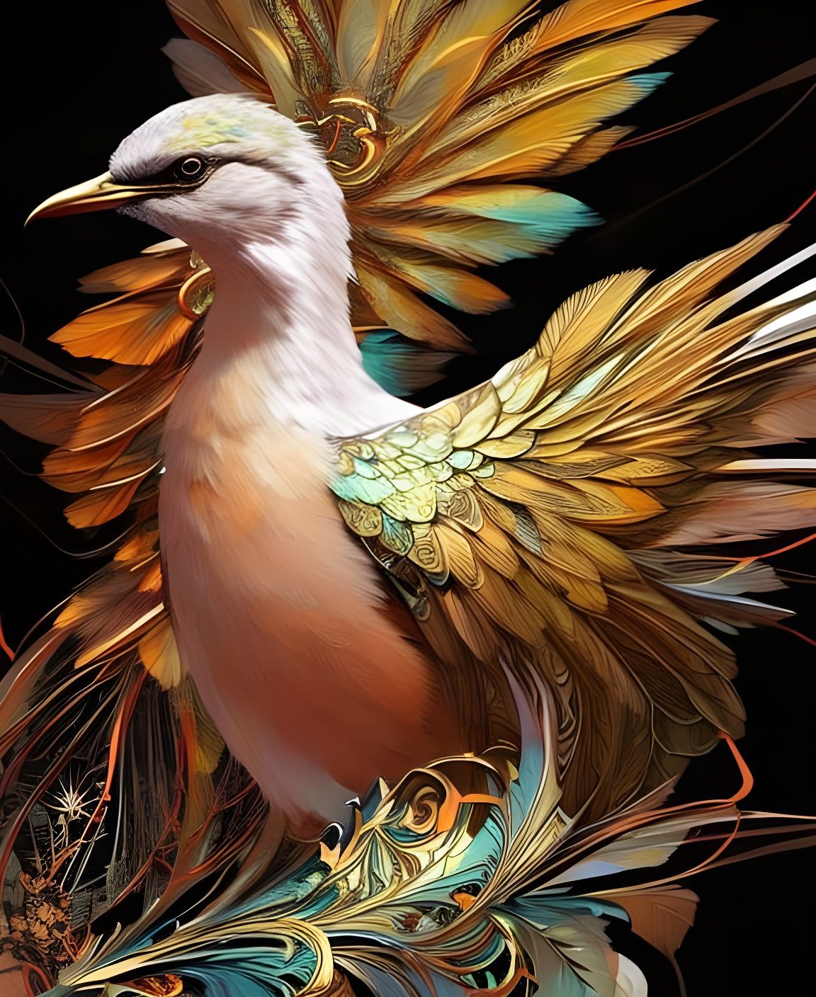 Fantasy Bird Portrait with Golden Tail, Digital Art