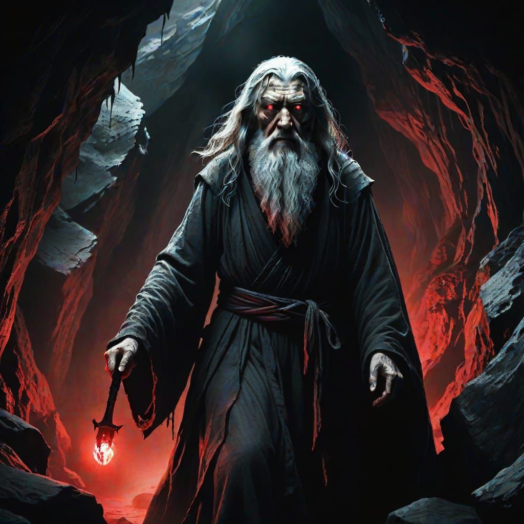 Evil Gandalf in Dark Cave as Japanese Horror Illustration