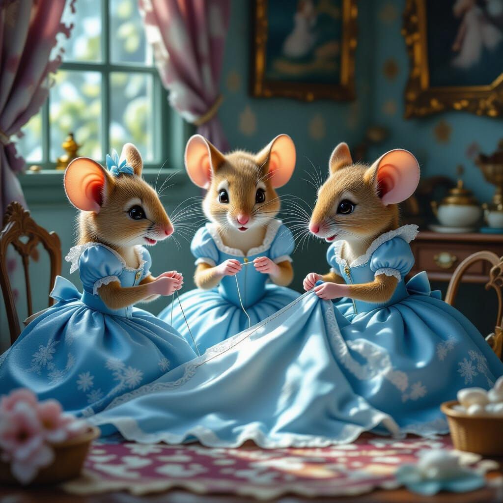 Cinderella's Mice Sewing Dress: Detailed Matte Painting
