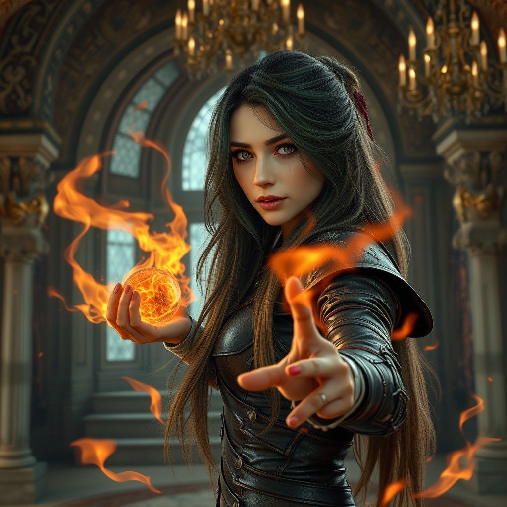 Fantasy Sorceress Conjuring Magic in Opulent Mansion