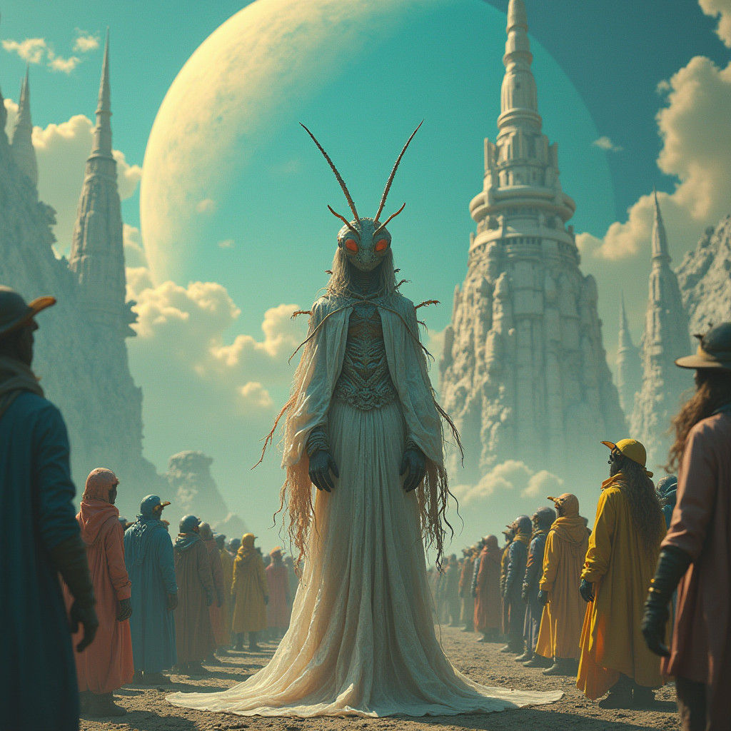 Futuristic Locust City on Saturn in Cosmic Atmosphere