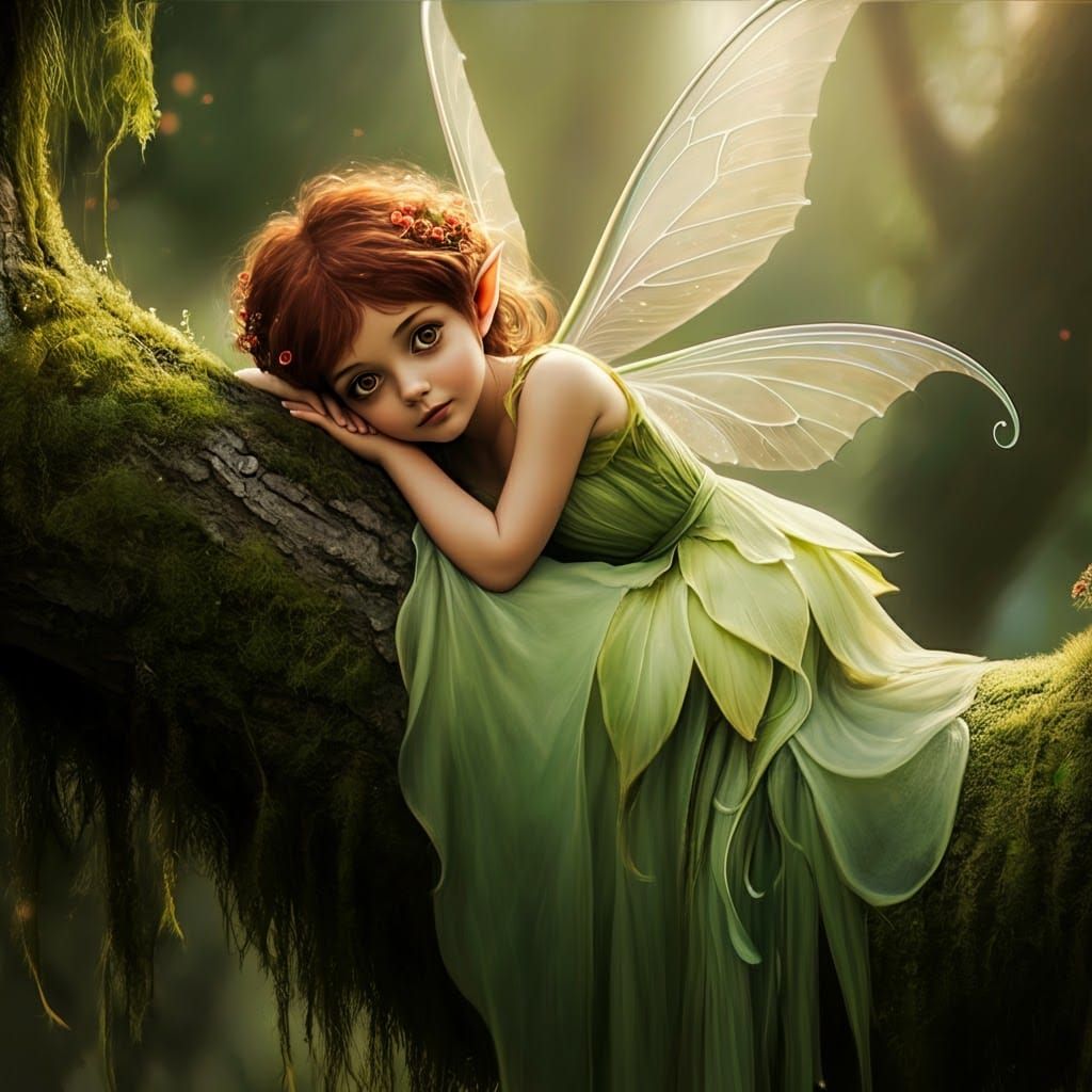 Young Fairy Resting on Tree Branch as Digital Art