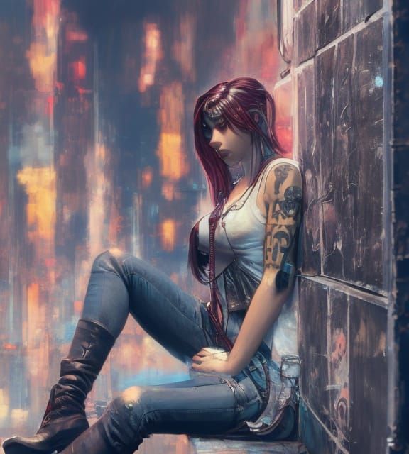 Cyberpunk Woman in Neon City Street at Night