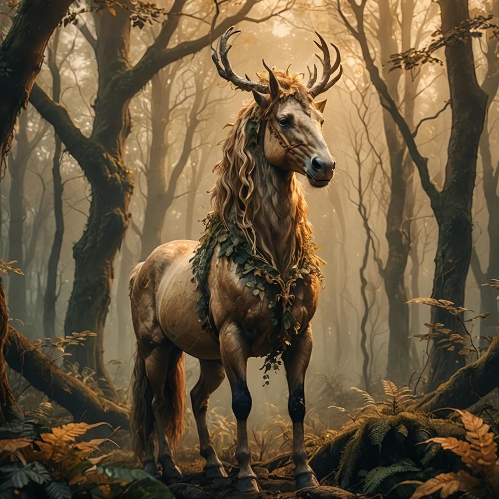 Majestic Centaur in Misty Forest: Mythological Concept Art