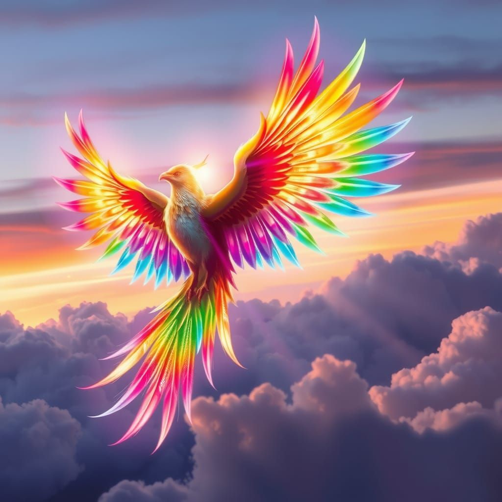 Rainbow Phoenix Soaring Through Twilight Sky