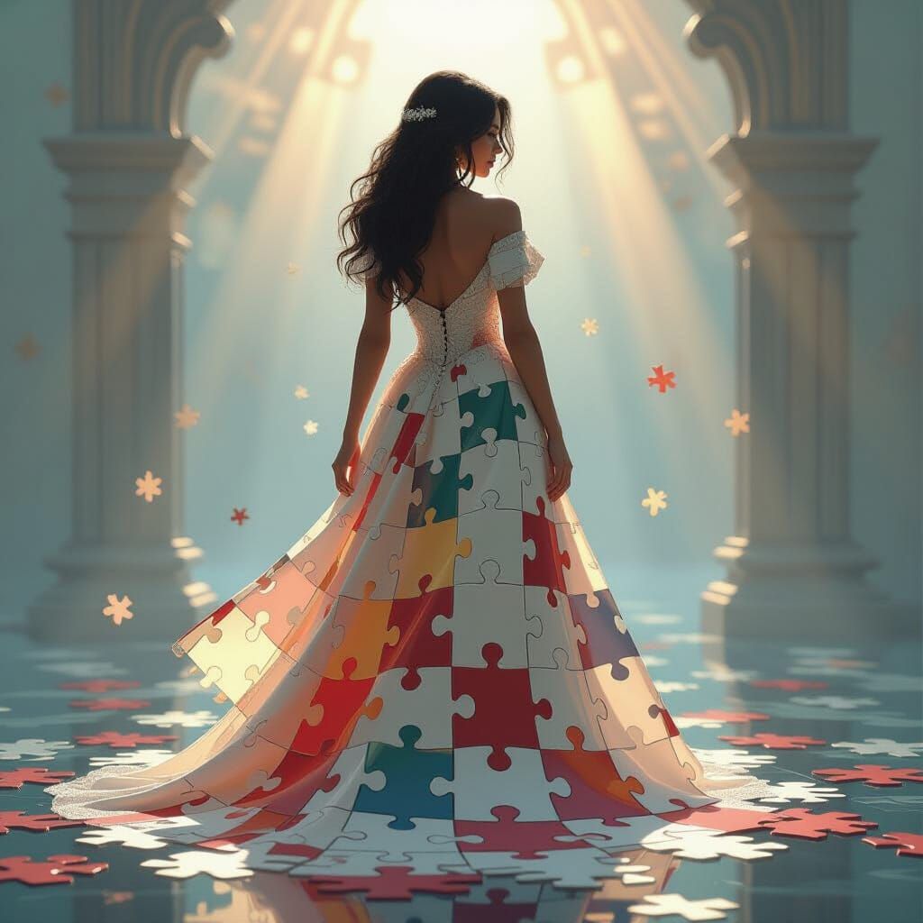 Jigsaw Woman in Ethereal Light: Digital Art