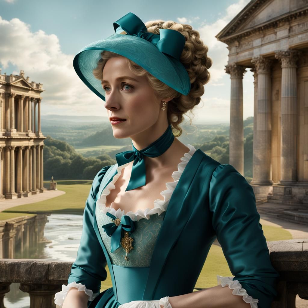Jane Bennet in Teal Dress with Bonnet and Curls