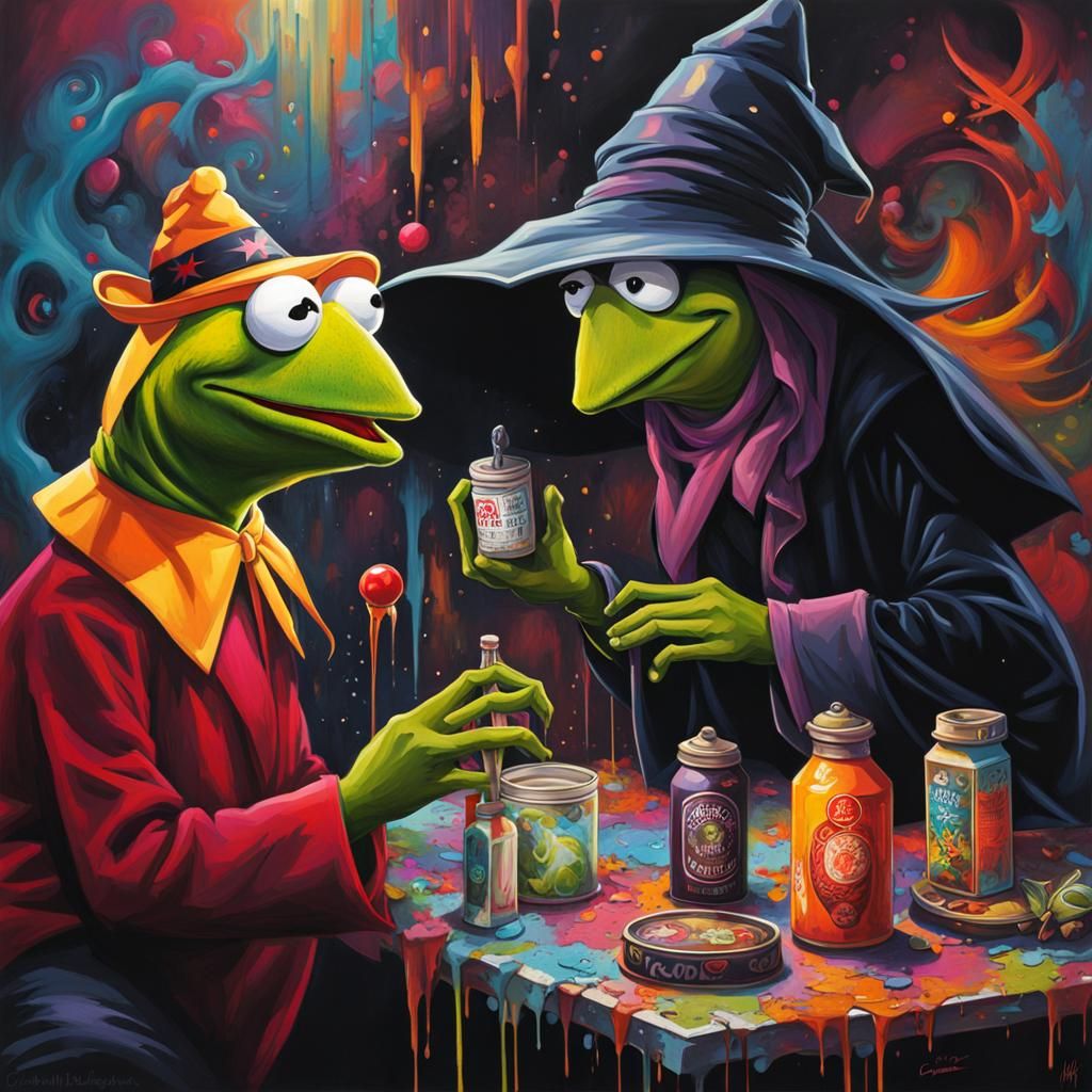 Kermit and Witch Plot World Domination in Graffiti Art