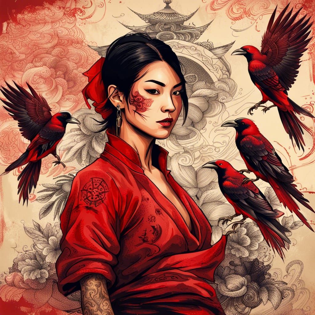 Tattooed Asian Woman in Red Pirate Outfit