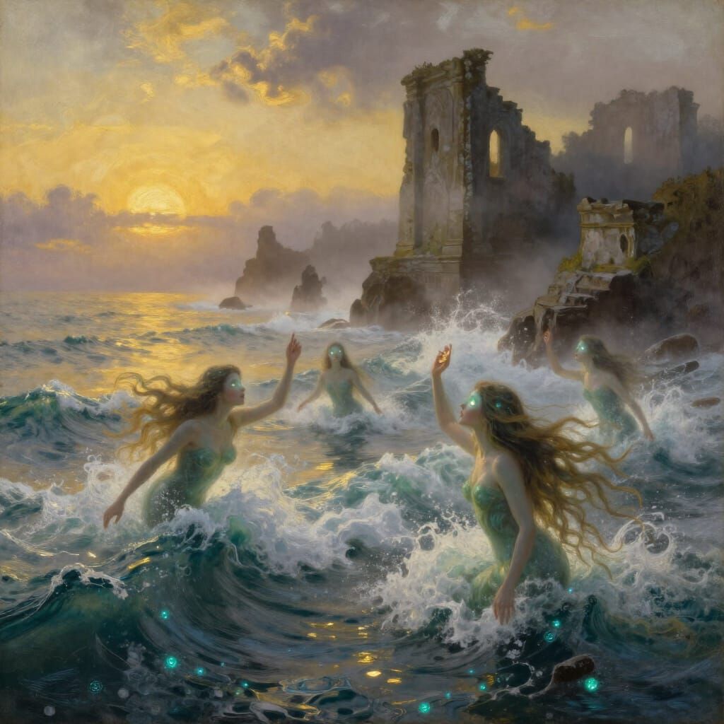 Ethereal Sirens on Galician Coast at Golden Hour