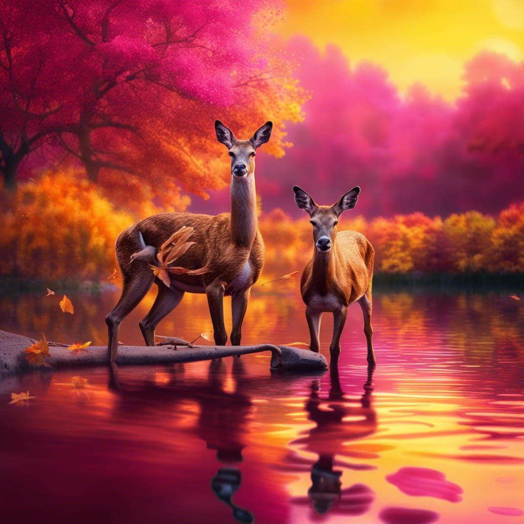 Deer at Lake at Sunset in Autumn Colors