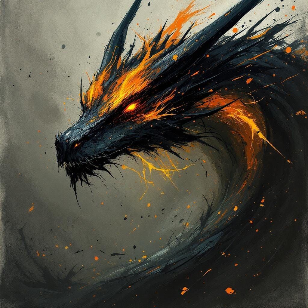 Abstract Dragon with Fiery Accents in Ink Style