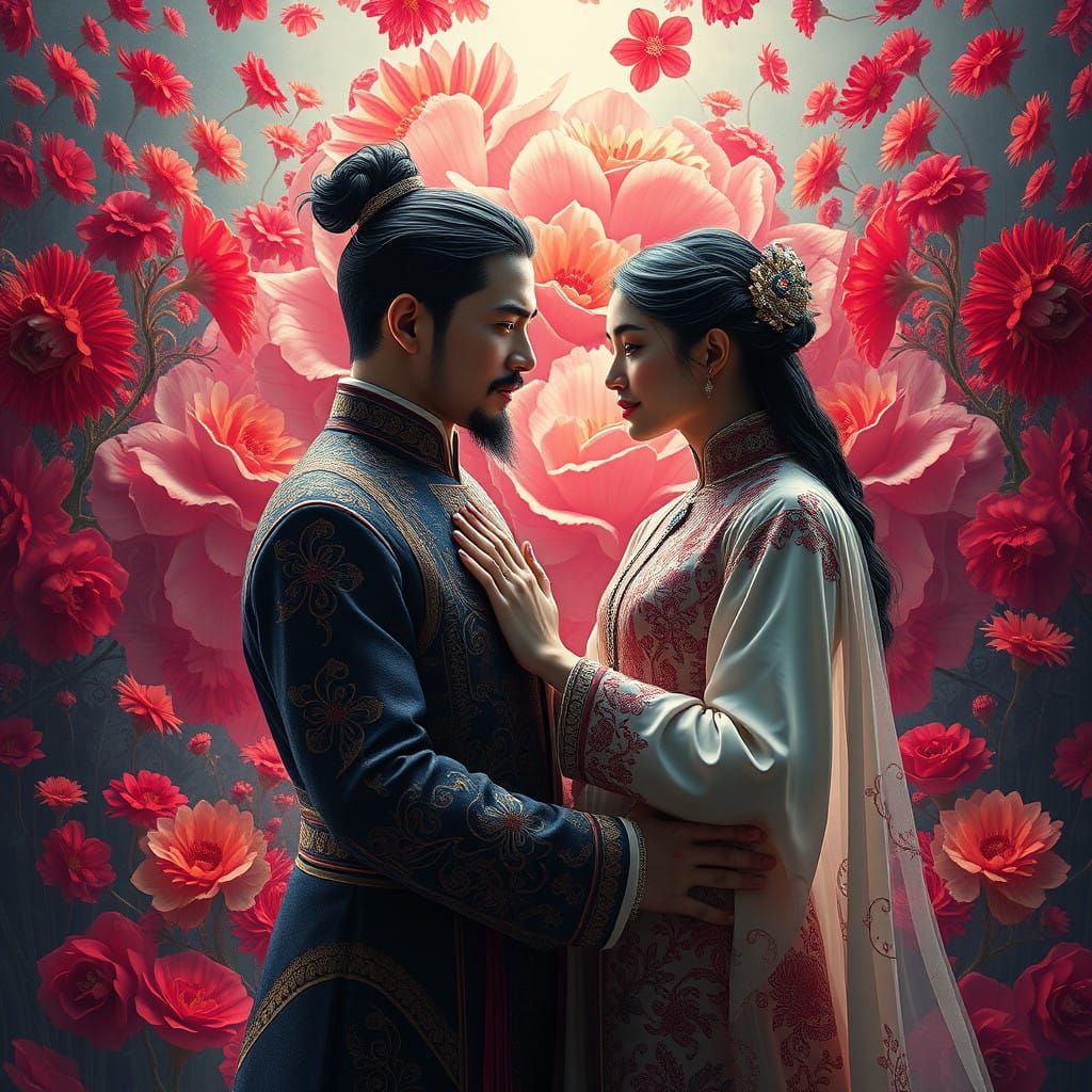 Regal Couple Amidst Vibrant Red Florals