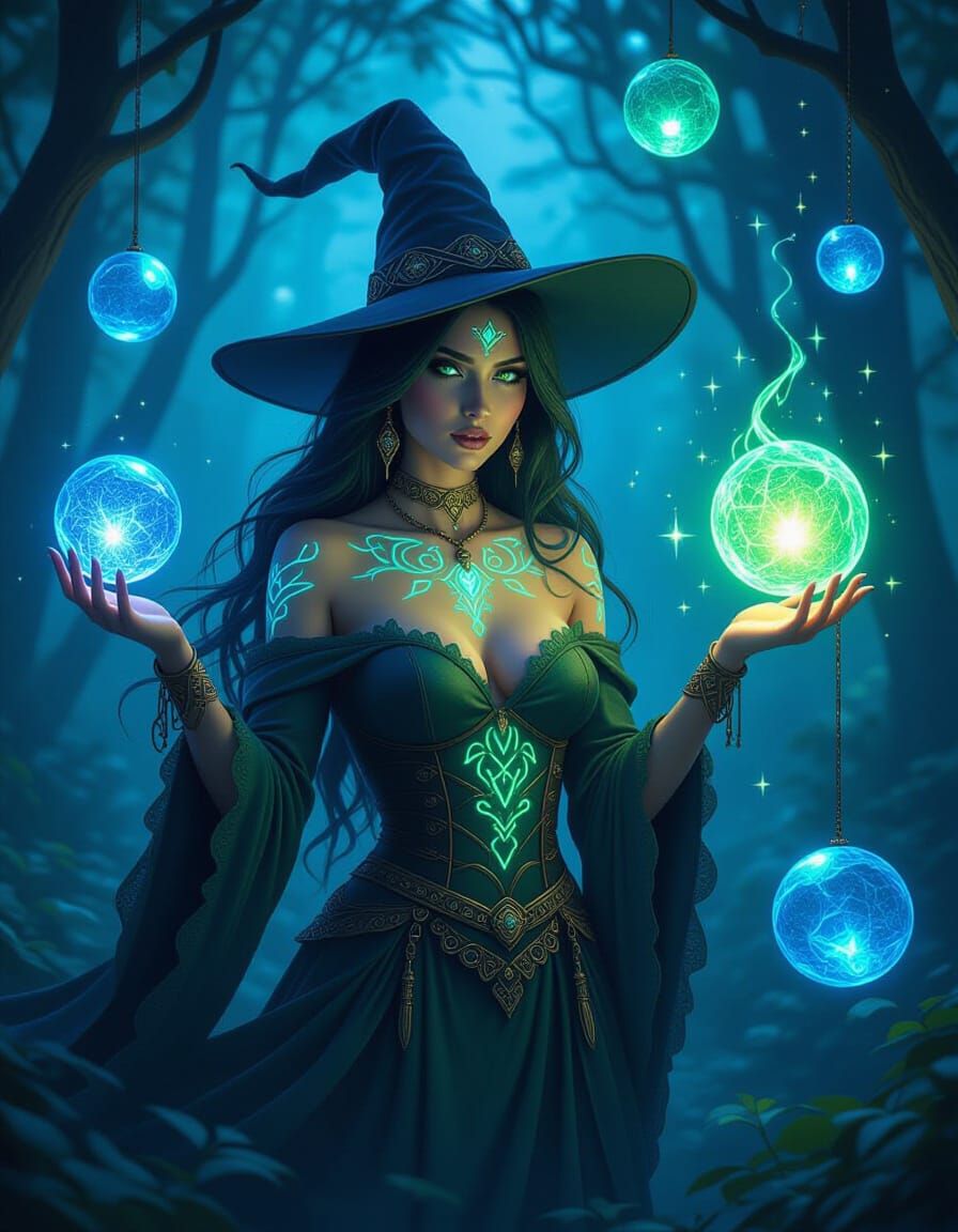 Enchanted Forest Witch Casting Spell with Glowing Orbs