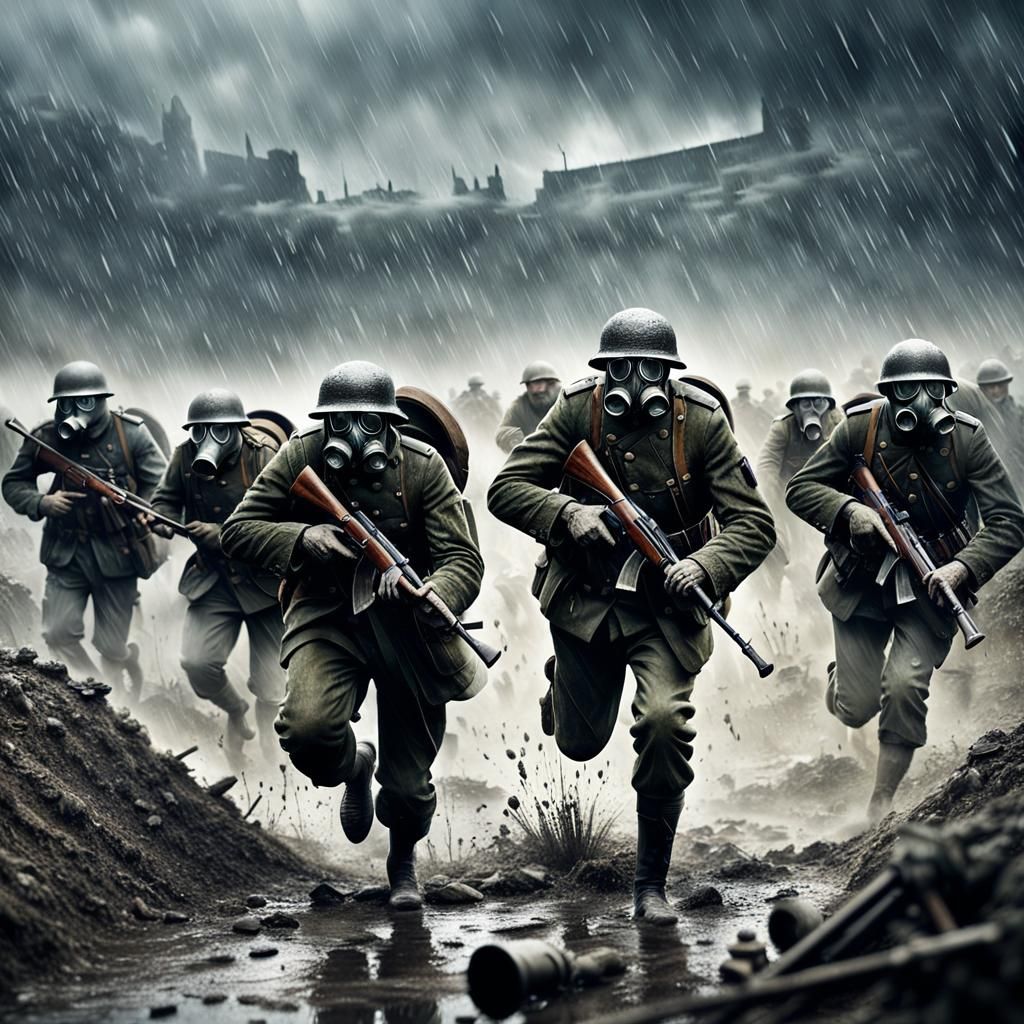 World War 1 Soldiers Storming Trench in Rain