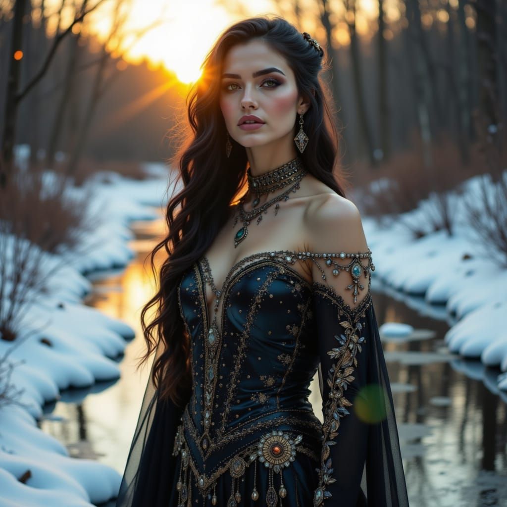 Siberian Princess in Pagan Slavic Attire at Sunrise