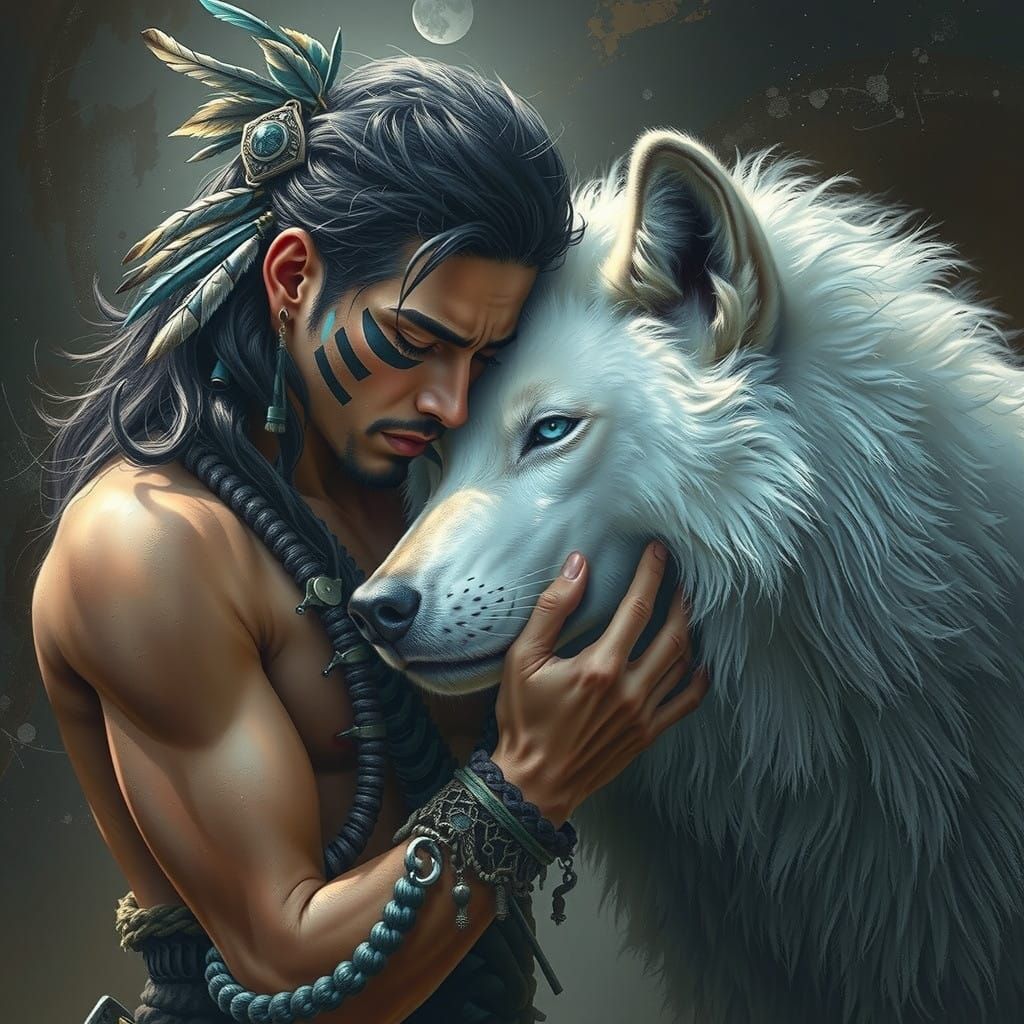 Mystical Warrior and White Wolf Share a Sacred Moment