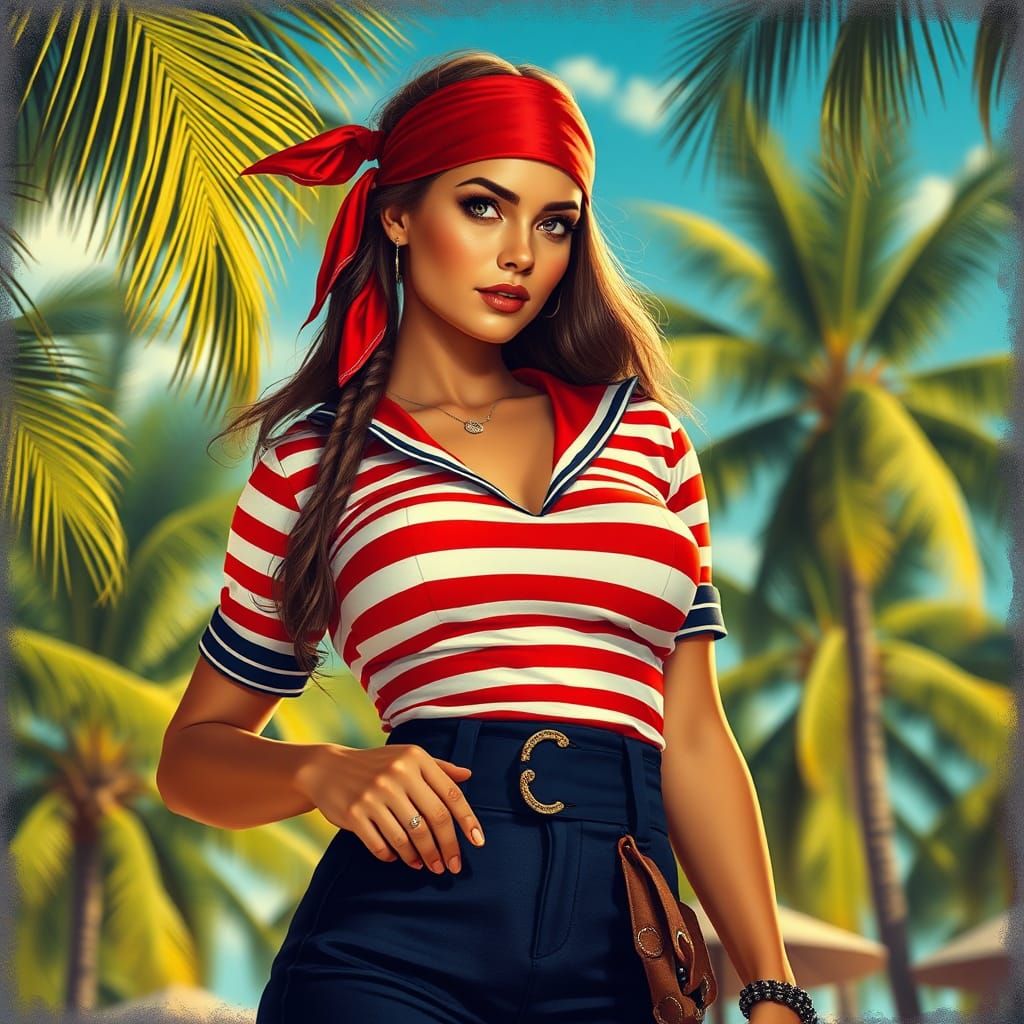 Pirate Girl in 1950s Tropical Digital Painting