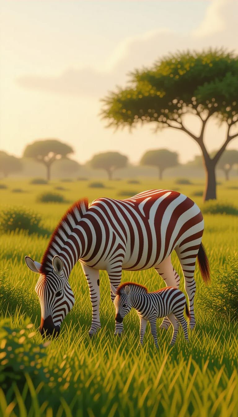 Red Zebra and Foal in Lush Green Field