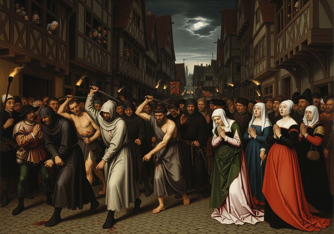 Medieval Flagellant Procession as Oil Painting
