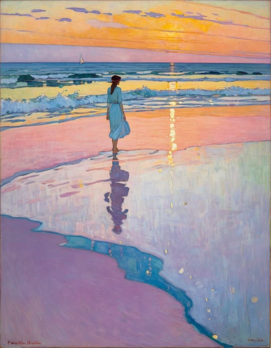 Beach Rainstorm at Sunset in Art Nouveau Style