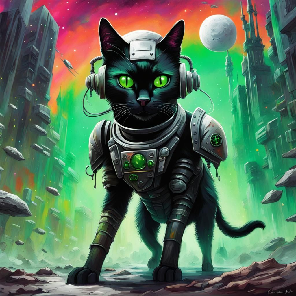 Black Cat in Space Armor Graffiti Art