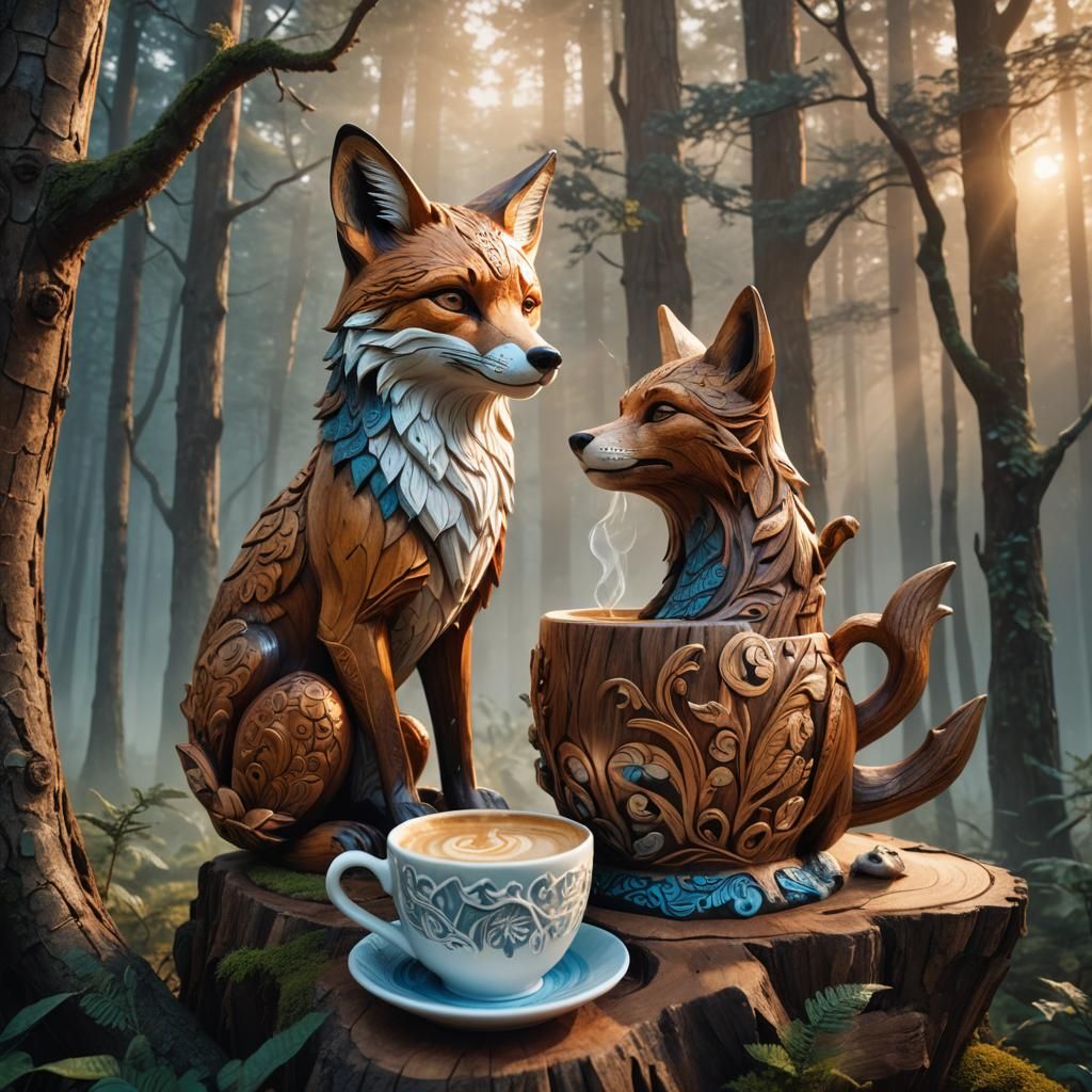 Majestic Wooden Fox Coffee in Mystical Forest