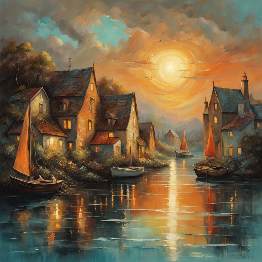 Oil painting of a seaside village at sunset
