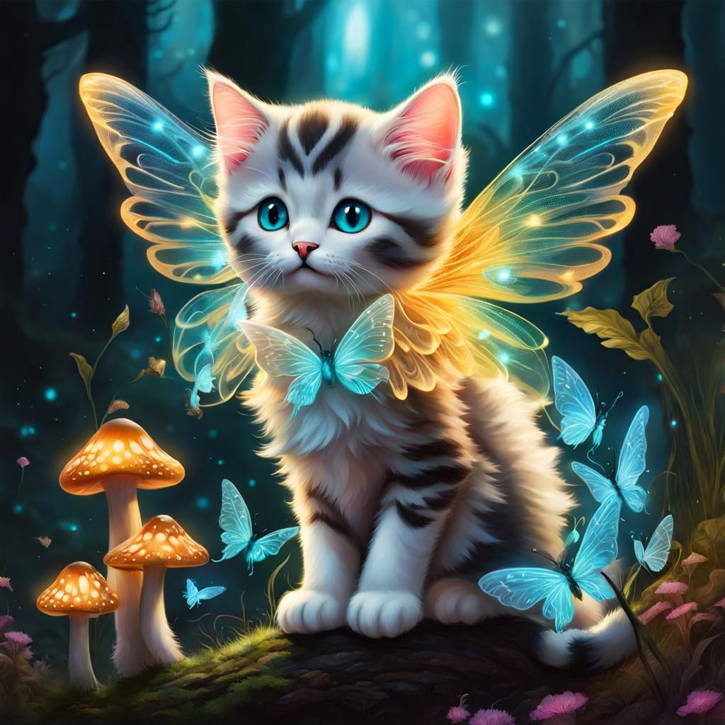 Adorable Fairy Kitten Playing with Bioluminescent Mushrooms