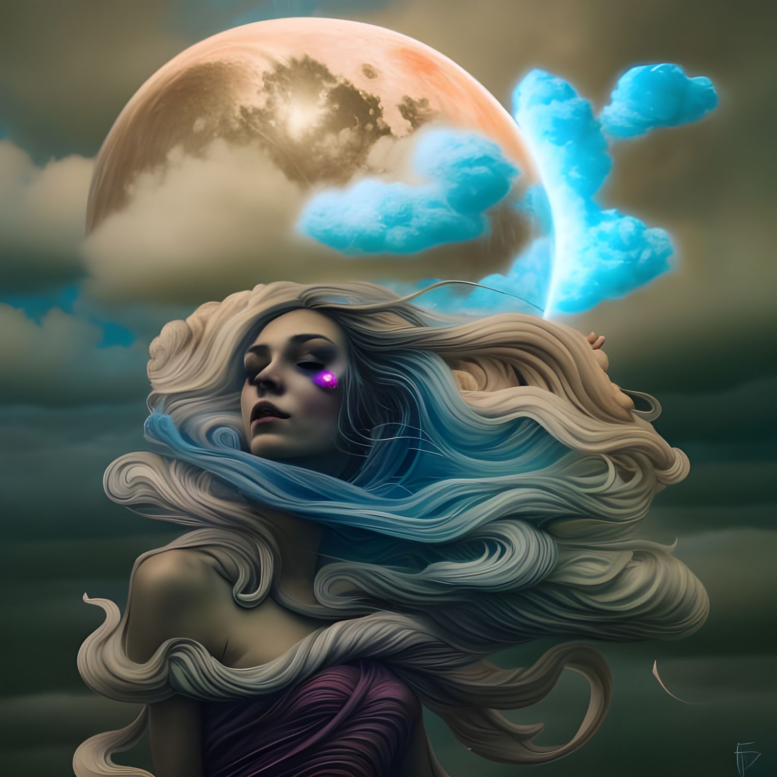 Psychedelic Moon Goddess in Surreal Dreamscape