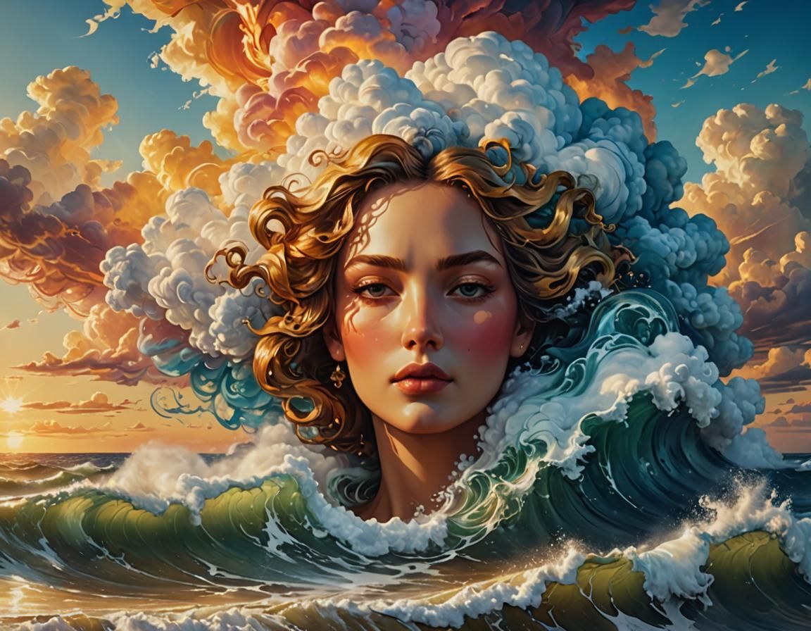 Female Face Cloud Generates Waves, Baroque Oil Painting