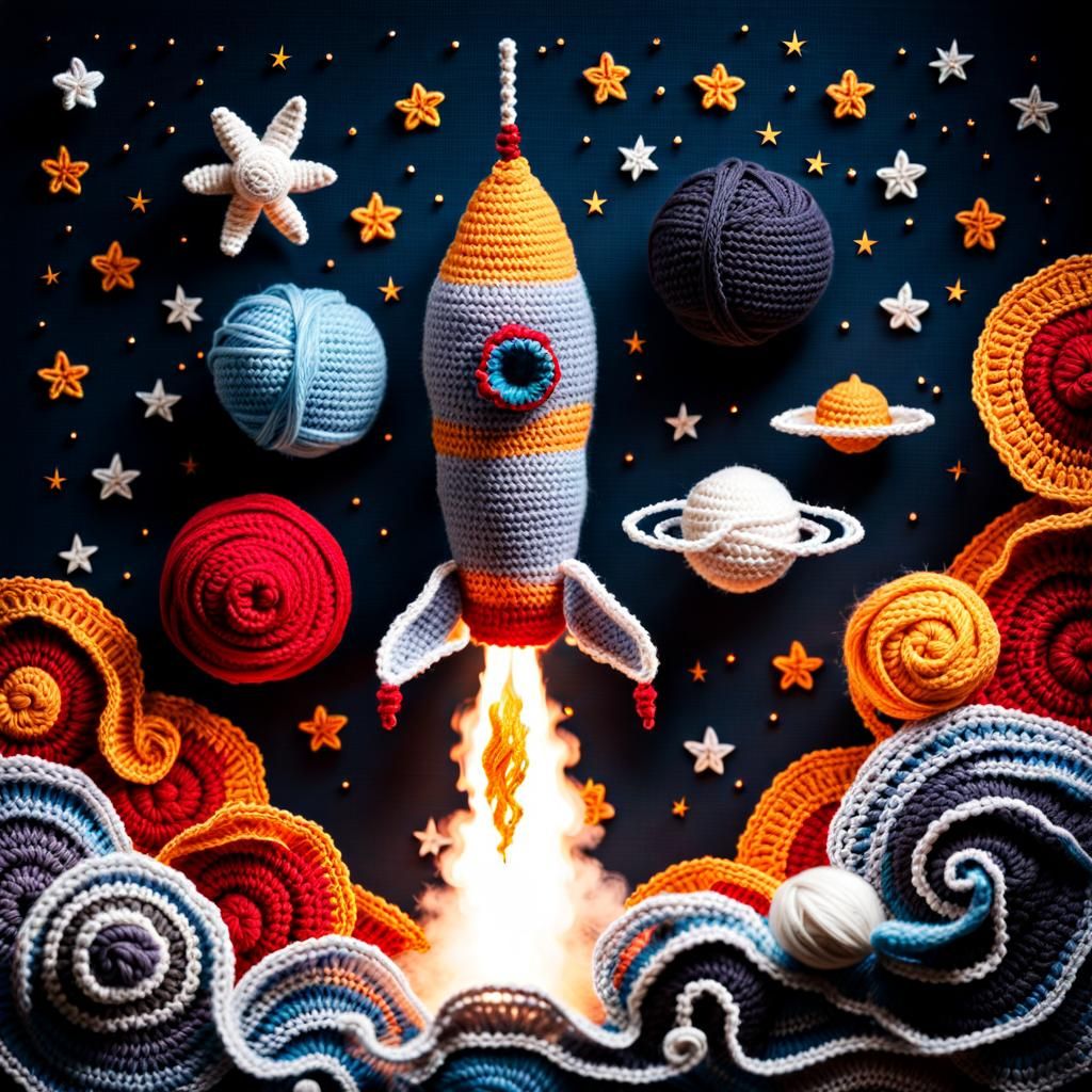 Crochet Yarn Spaceship Rocket Launching into Space