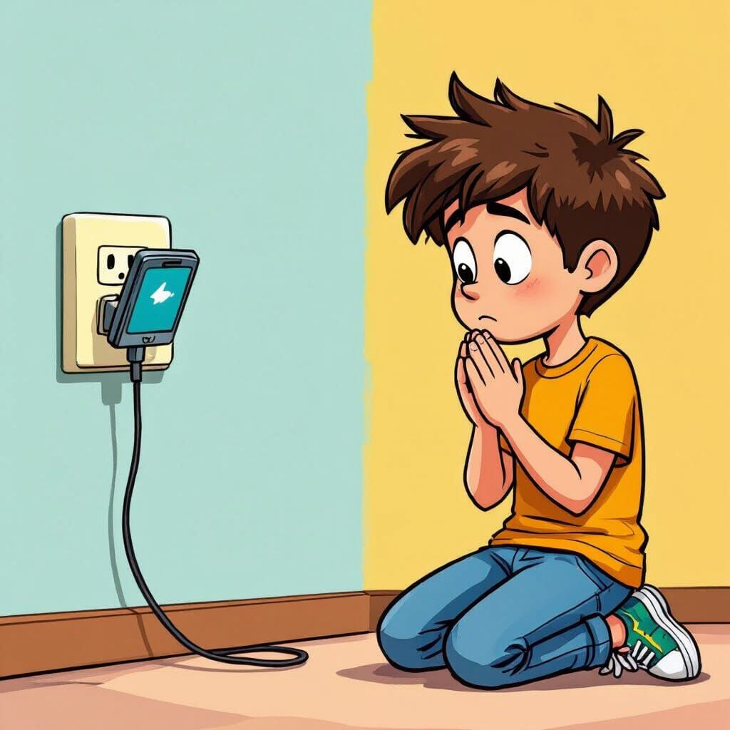 Distracted Boy Prays While Checking Phone, Humorous Cartoon ...