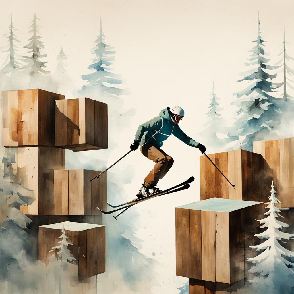 Ski Acrobat Double Exposure in Watercolor Style